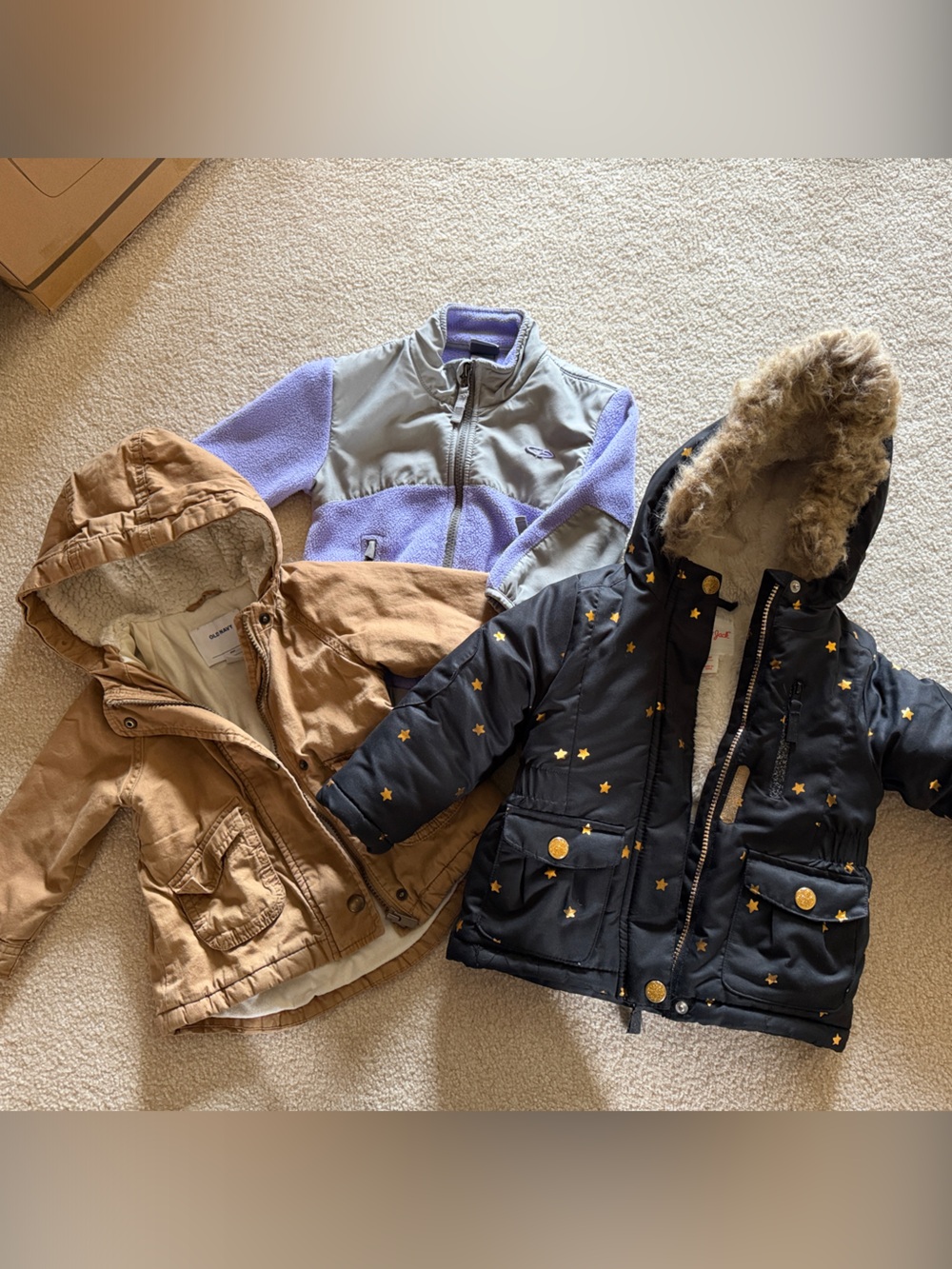 2T 3 Pack Kids Jackets bundle - Black Star Puffer, Tan Hooded, Lavender Bomber